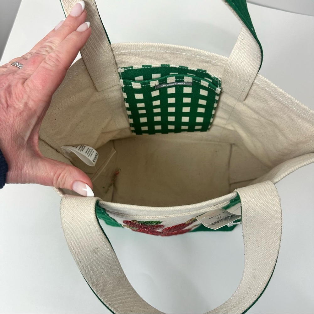 Anthropologie Canvas Tote Apple Beaded Green - Picture 5 of 5